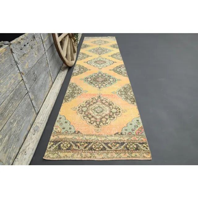 1970s Turkish Oushak Handmade Wool Cotton Orange Runner 94x383