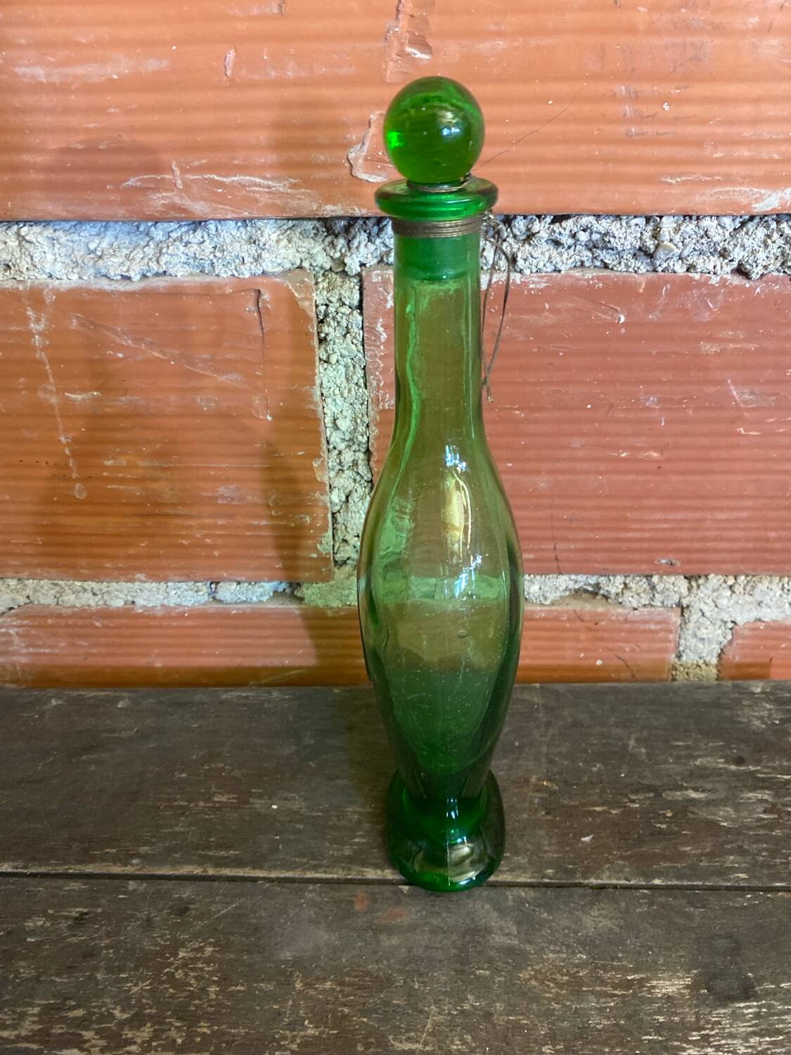 Old Green Bubble Glass Carafe Bottle with Vintage Stopper
