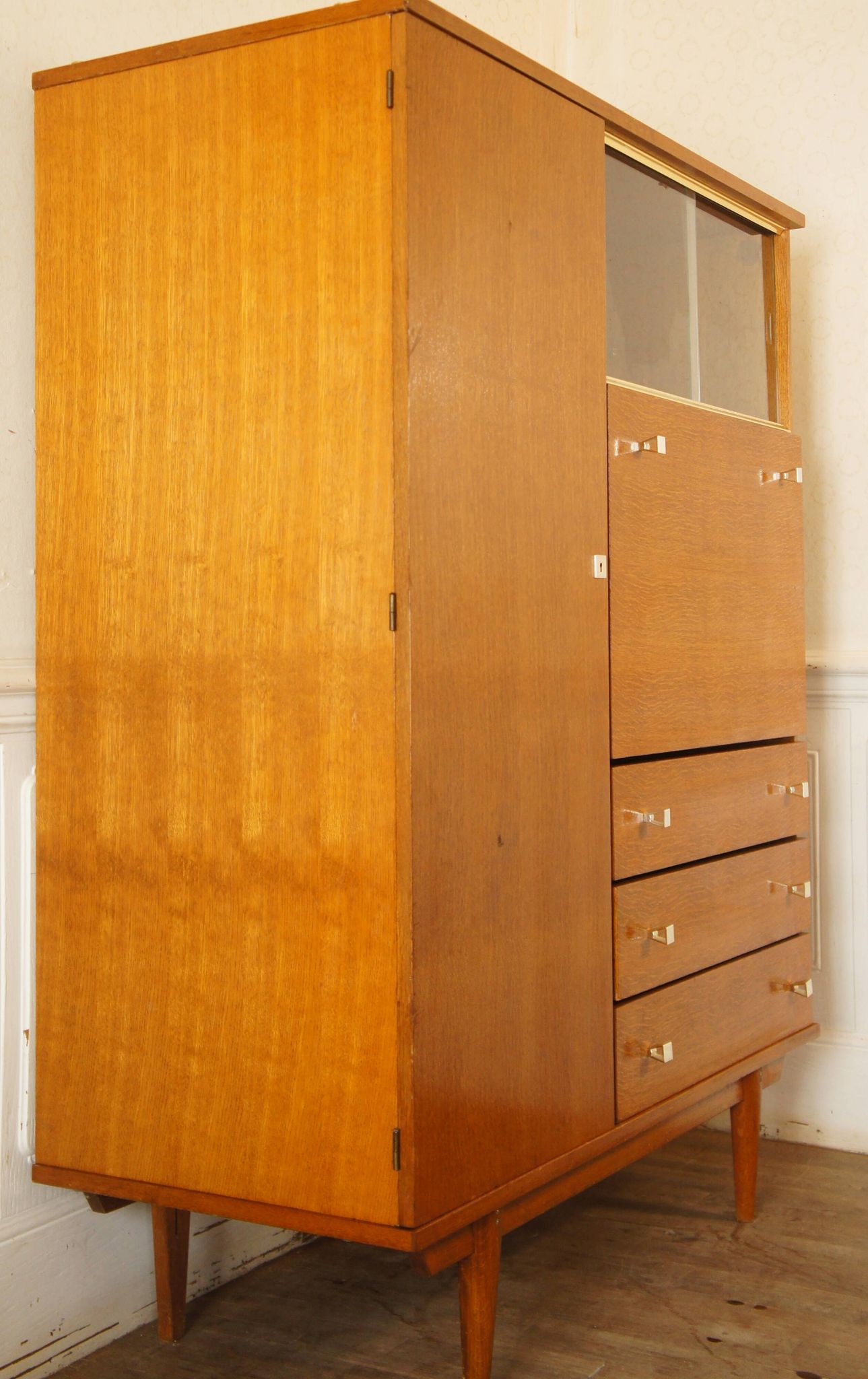 Chest of drawers wardrobe secretary showcase in blond wood 1960