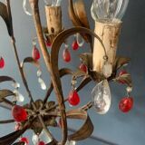 Lustre ancien en tôle dorée et pampilles de cristal rouge et blanc, 1900