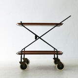 Mid-century modern foldable serving trolley with teak trays