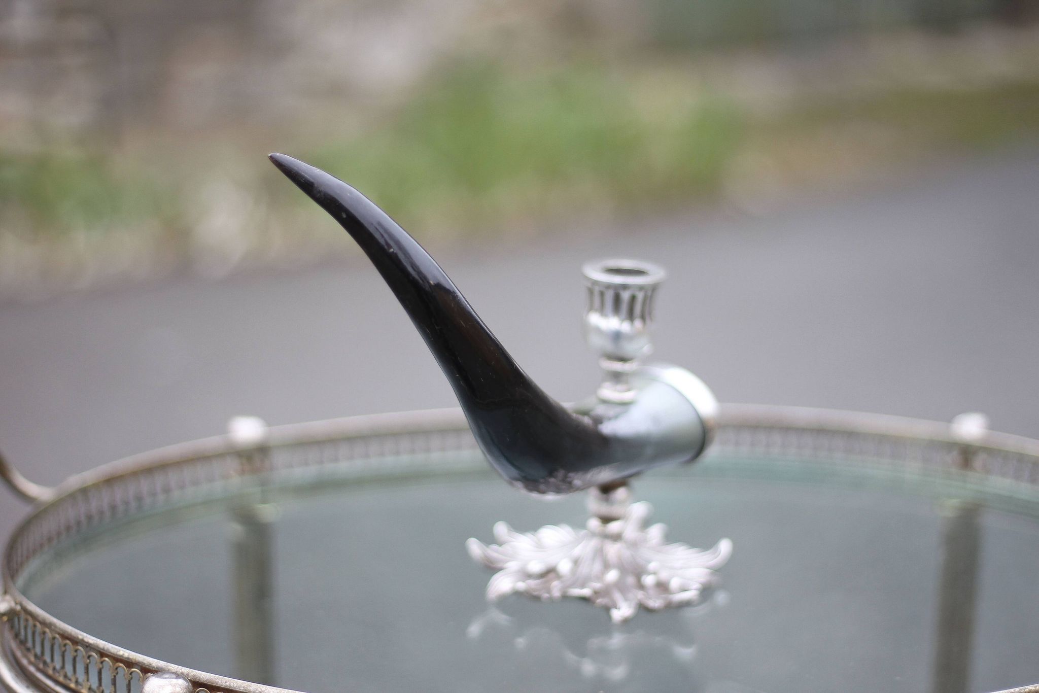 Candle holder signed Alice Joly, horn and silver metal candle holder, candle holder, interior decoration