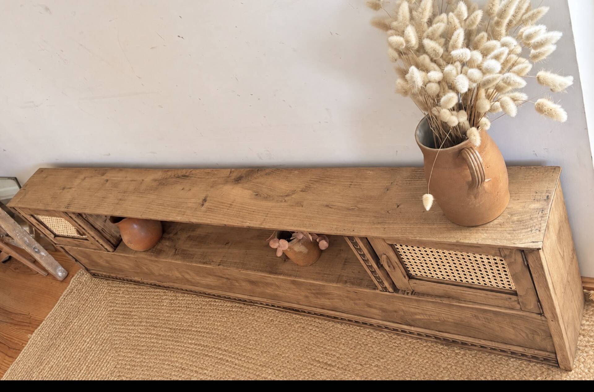 Vintage oak sideboard TV unit with raw finish and caning.
