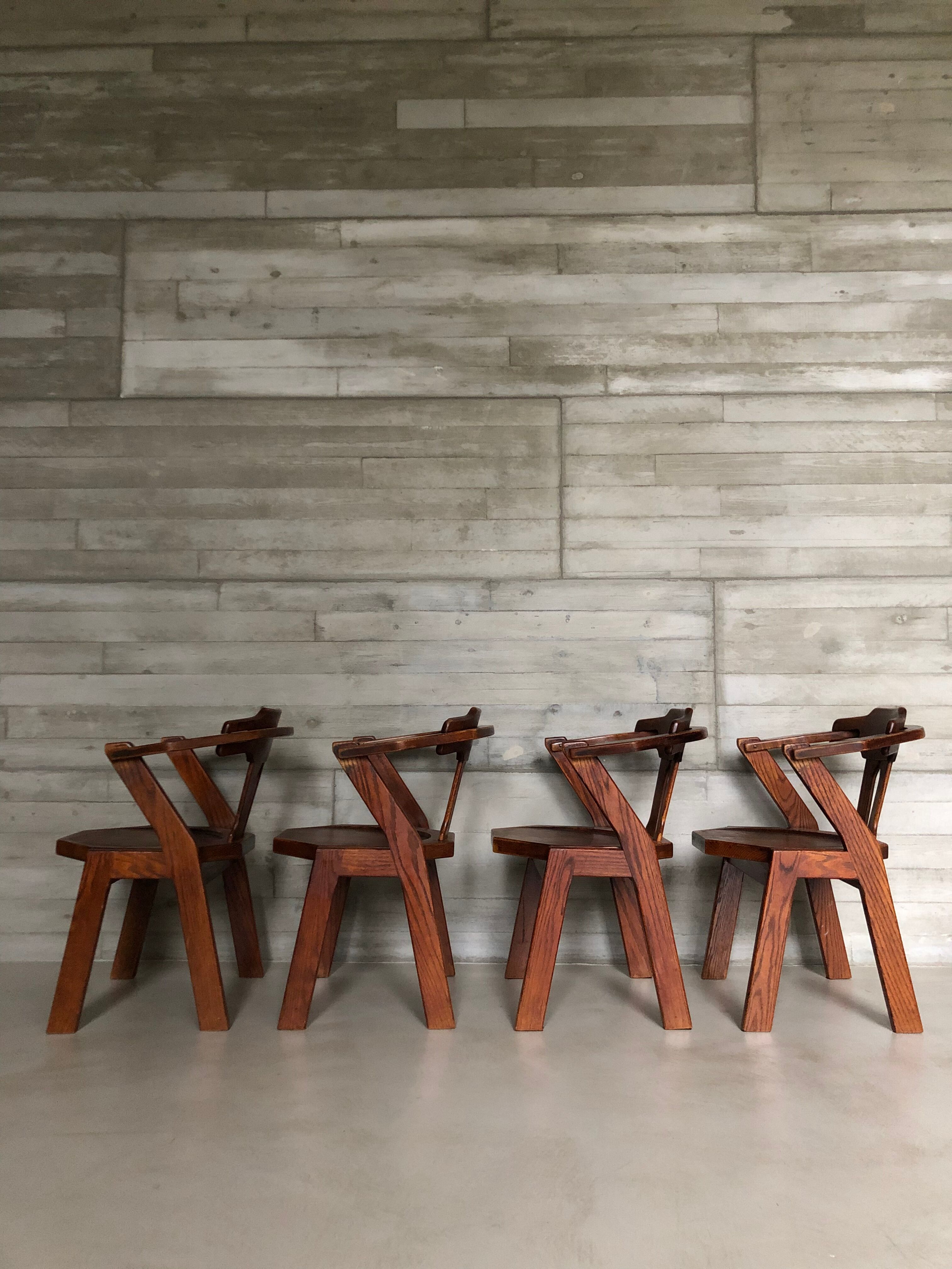 Set of 4 brutalist dutch oak chairs