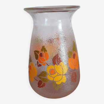 Frosted glass vase with vintage 70's flower patterns