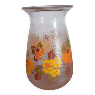Frosted glass vase with vintage 70's flower patterns