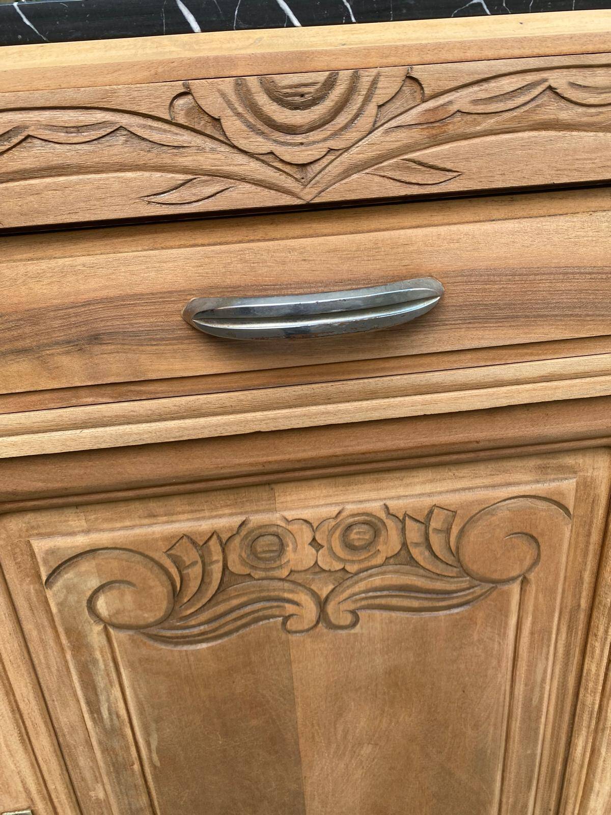 Art Deco sideboard renovated in solid walnut with black marble, 1930.