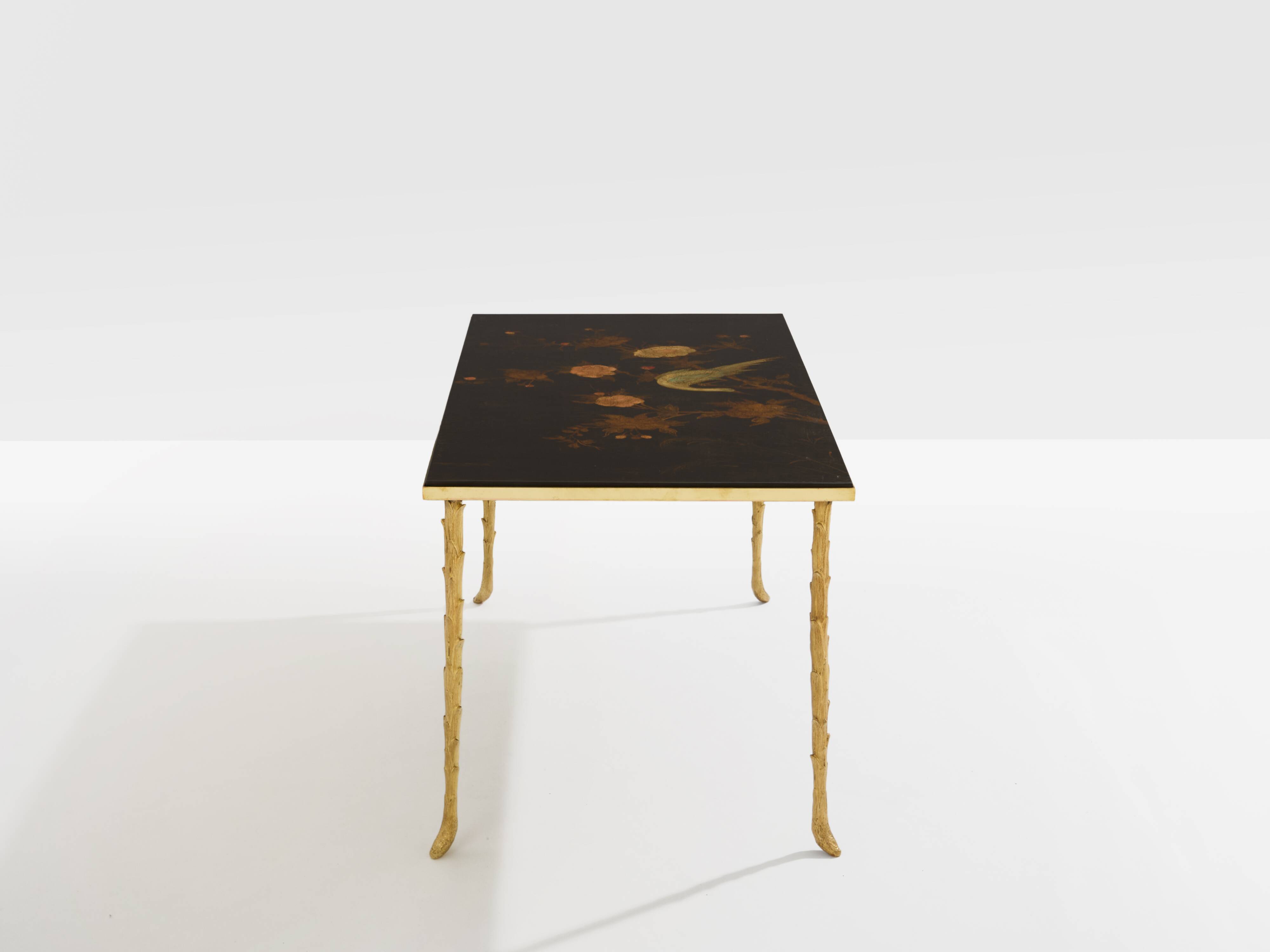 Maison Baguès bamboo brass Chinese lacquered small coffee table 1950s