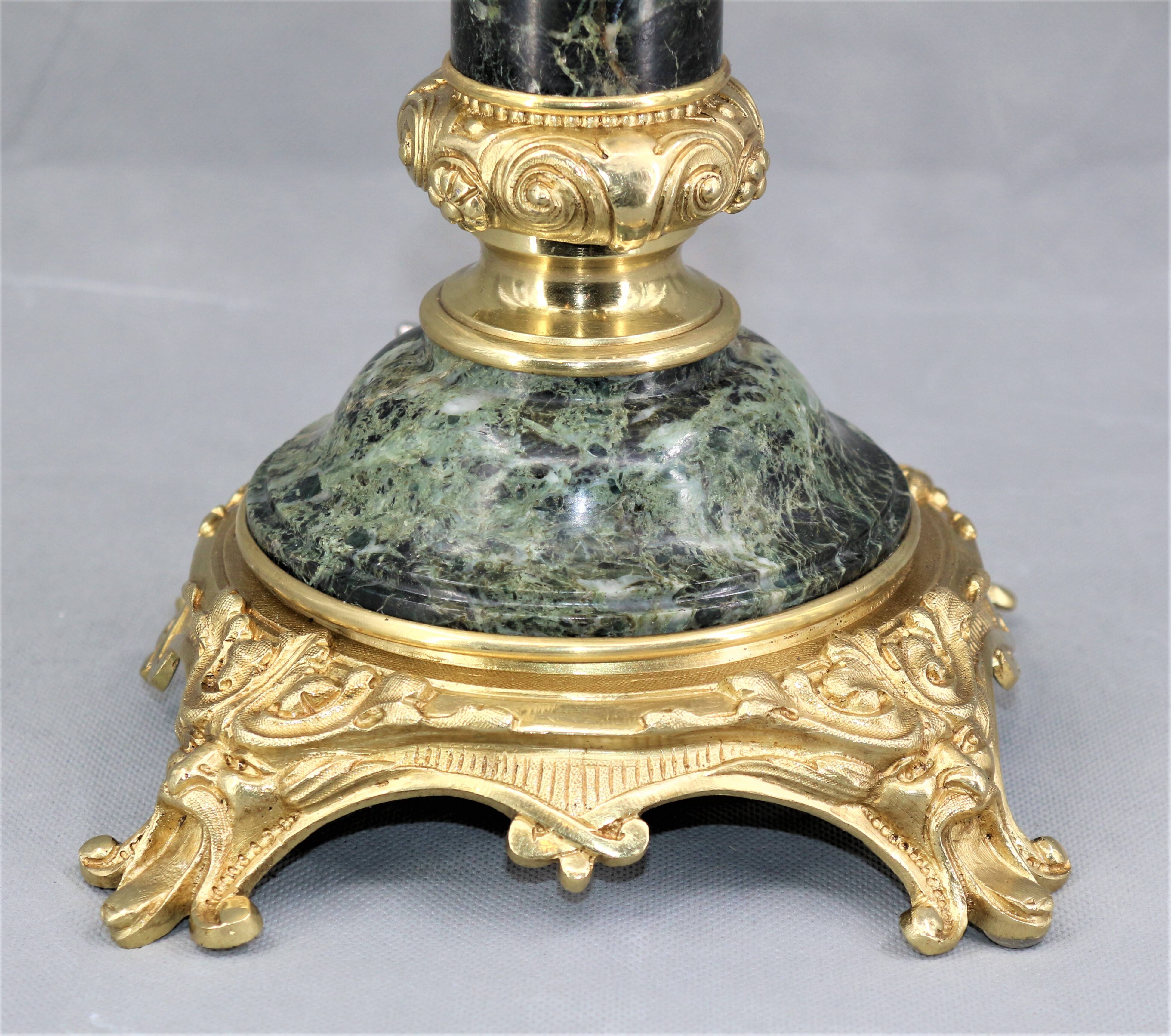 Lamp in gilded bronze & veined water green marble & pleated lampshade