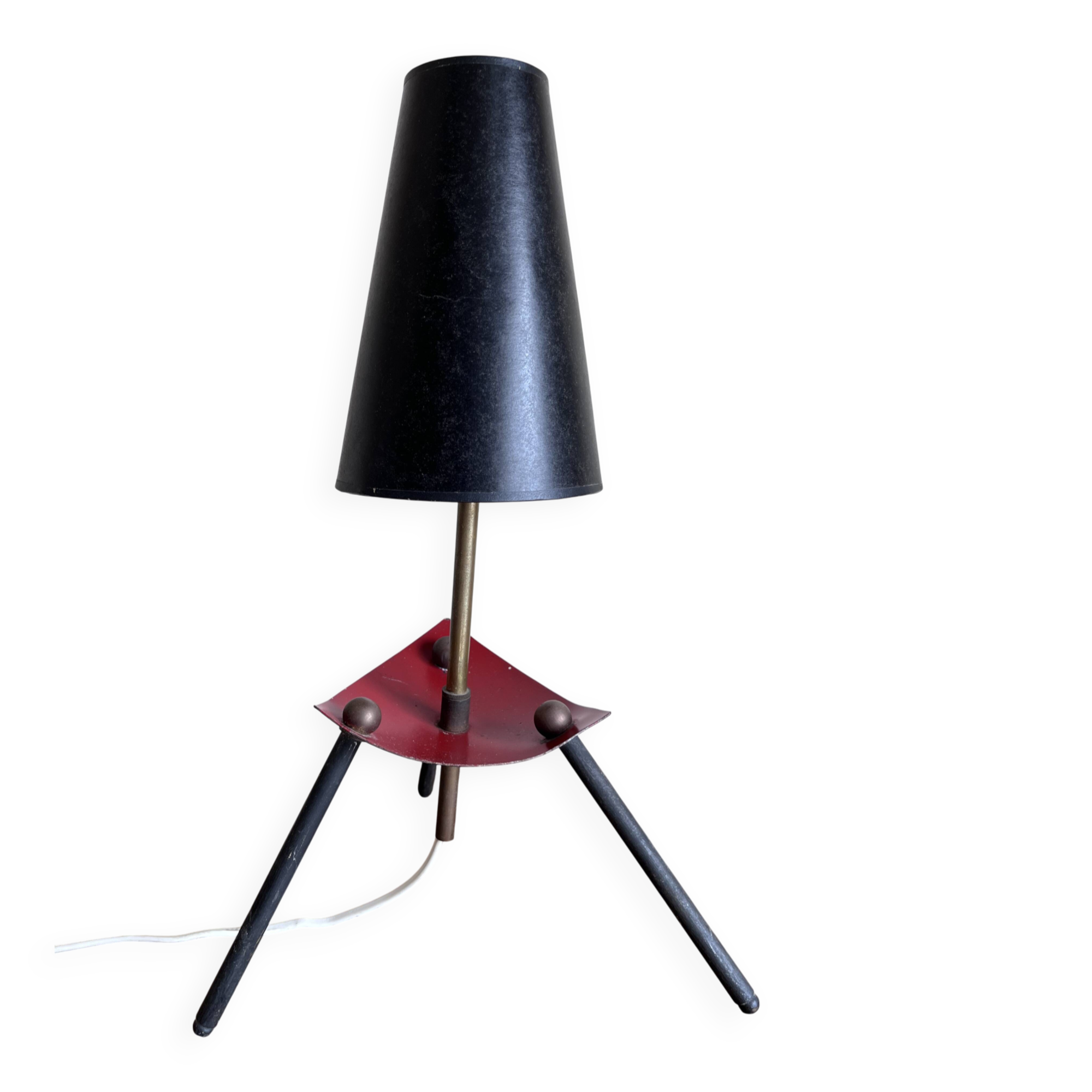 1950s modernist tripod lamp made of sheet metal and brass.
