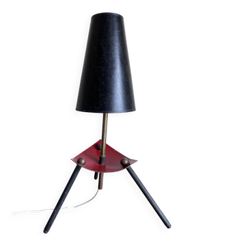 1950s modernist tripod lamp made of sheet metal and brass.