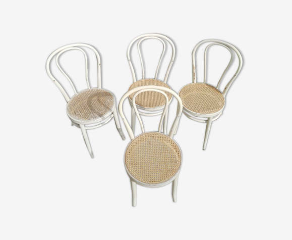 Série de 4 chaises n°18 1/2 bois courbé blanc avec assise cannée vintage