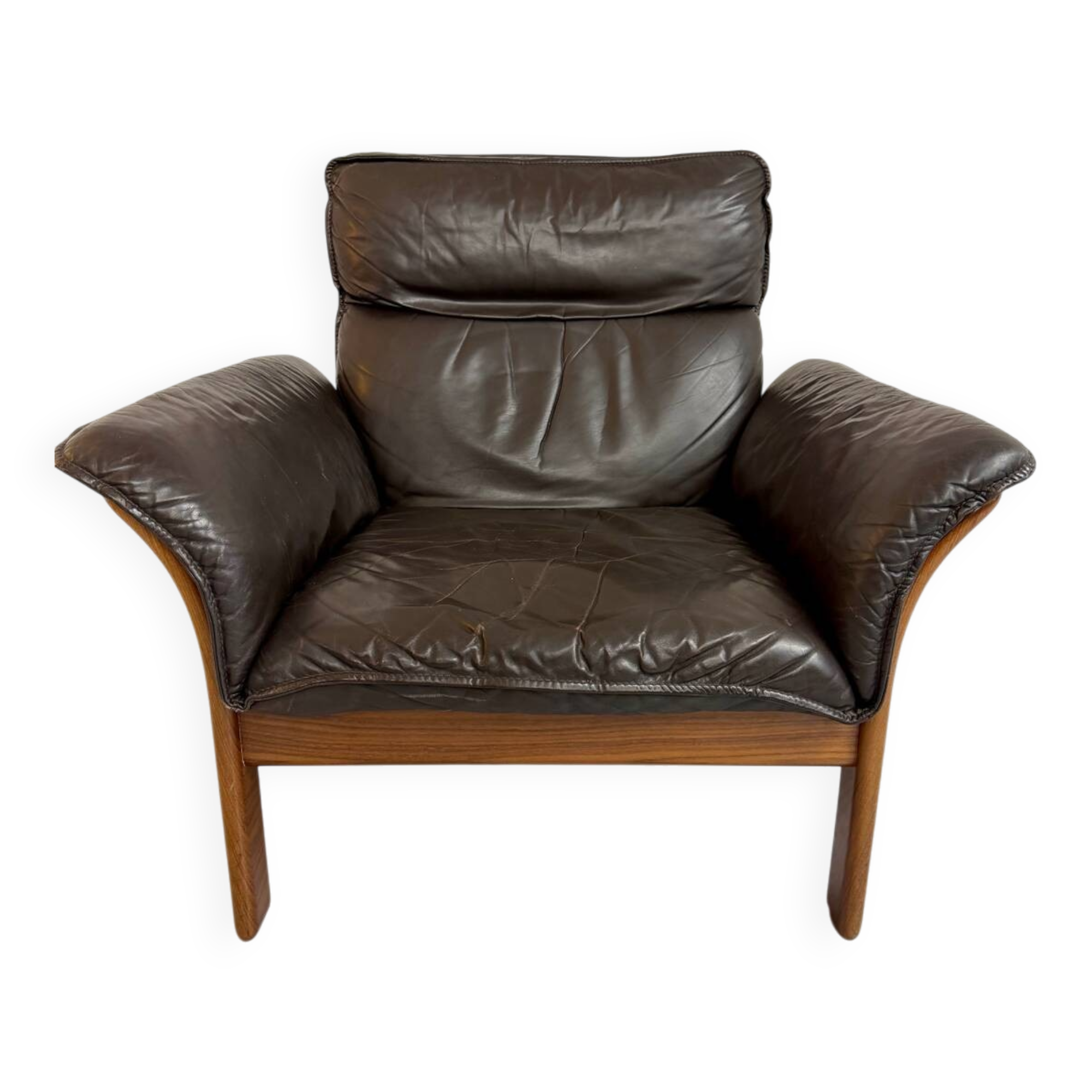 Vintage 70s Dreipunkt Scala design armchair in black leather and teak.