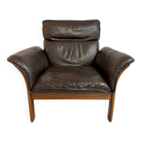 Vintage 70s Dreipunkt Scala design armchair in black leather and teak.