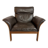 Ancien fauteuil design Dreipunkt Scala cuir noir et teck vintage 70