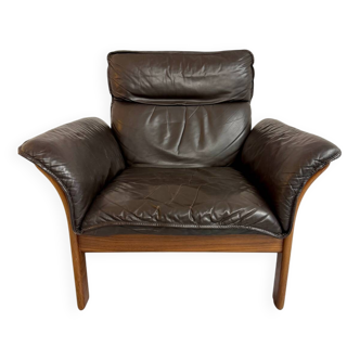 Vintage 70s Dreipunkt Scala design armchair in black leather and teak.