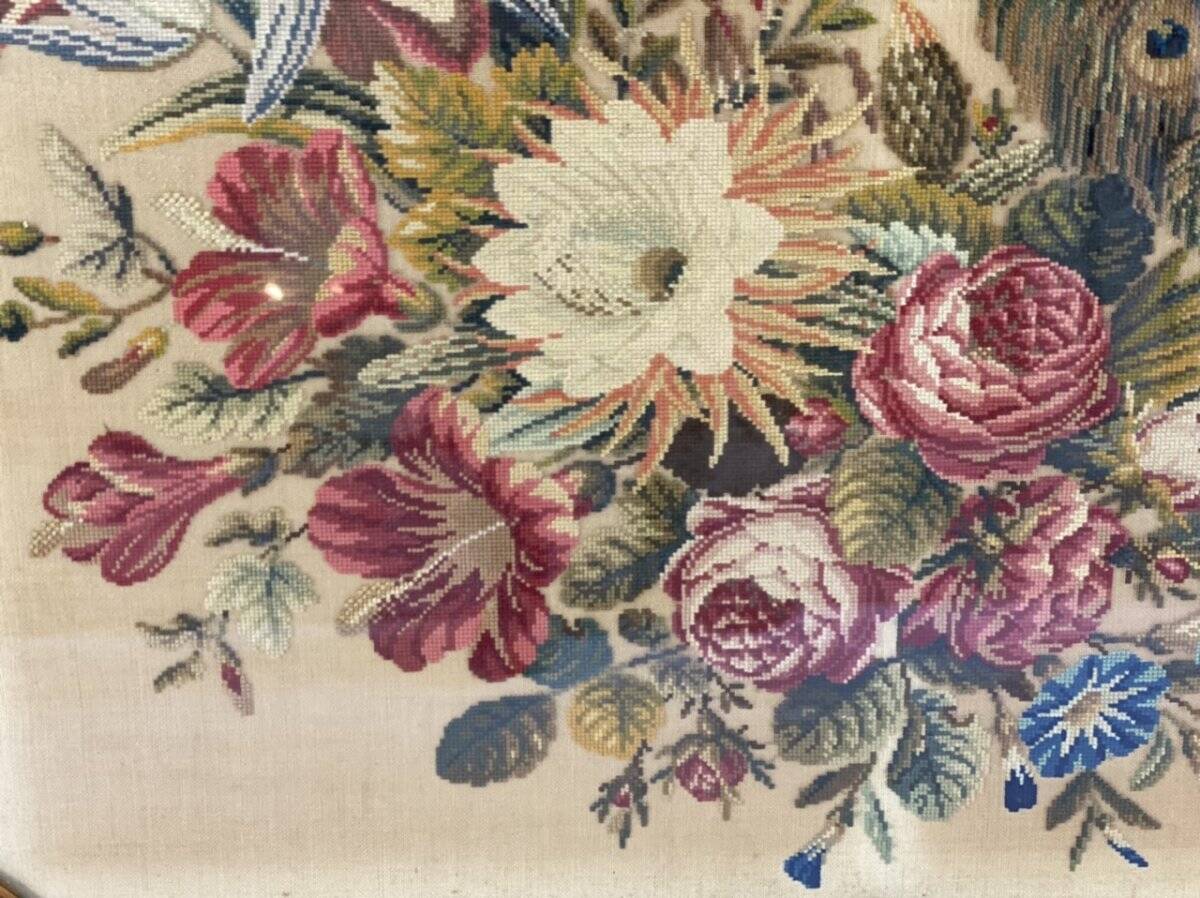 Cross-stitch tapestry in a Louis XVI style frame from around 1900.