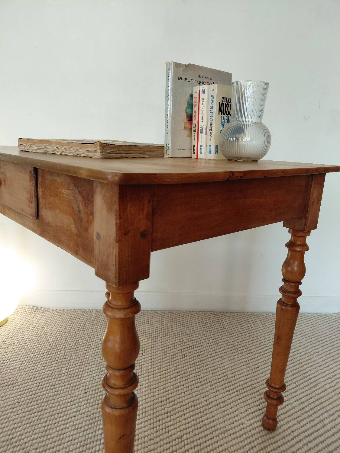 Old solid wood console - turned legs - drawer in chic country style