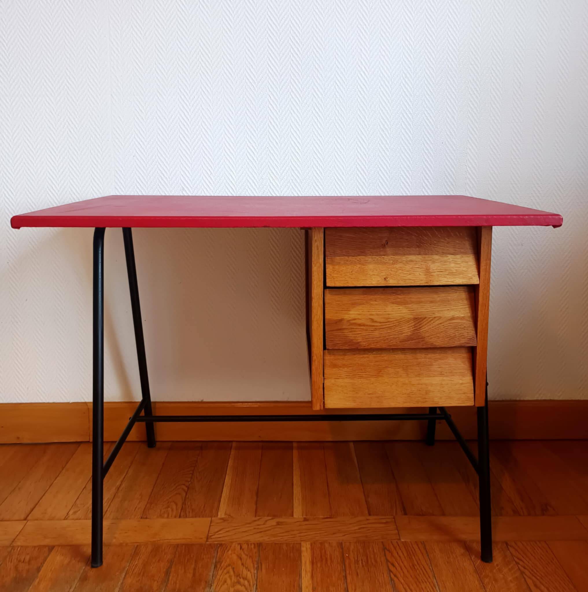 Bureau mid century skaï rouge
