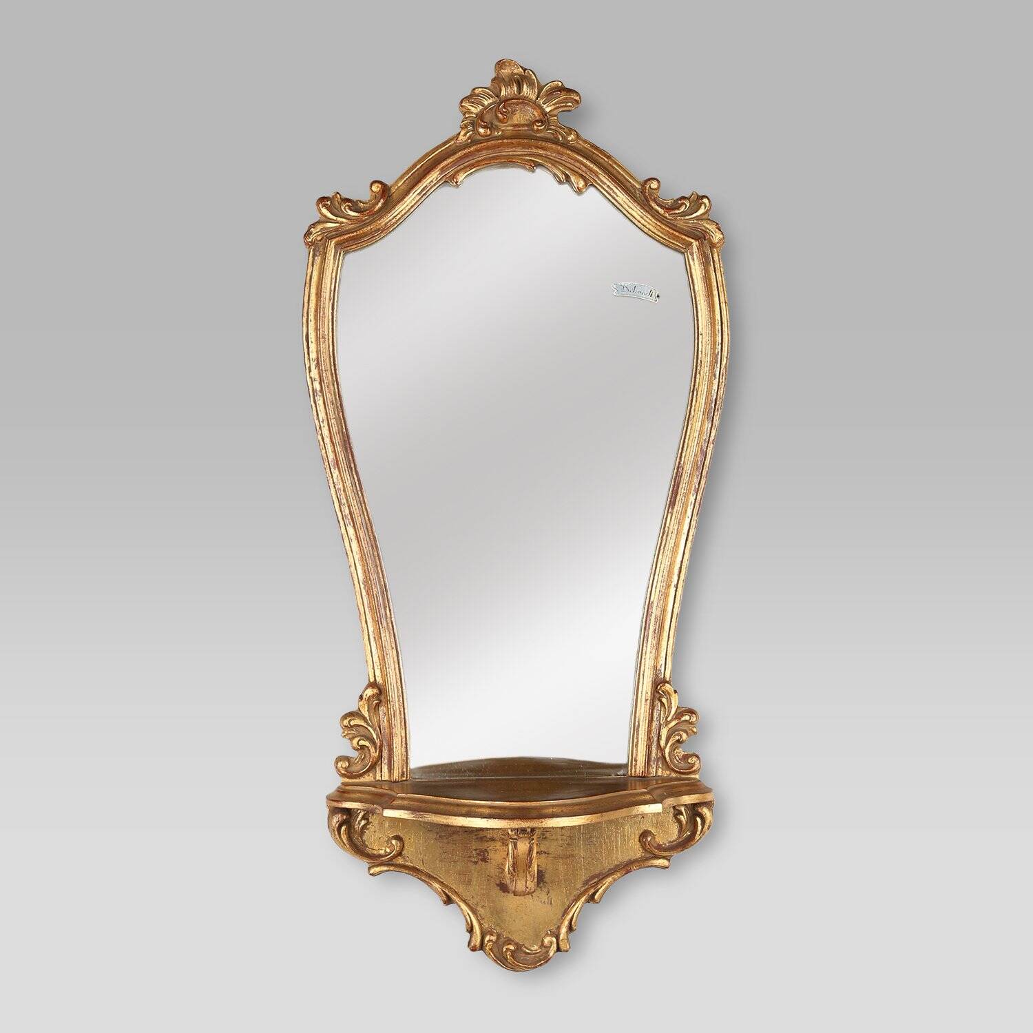 Miroir en résine dorée de style baroque Deknudt avec plateau, Belgique années 1970