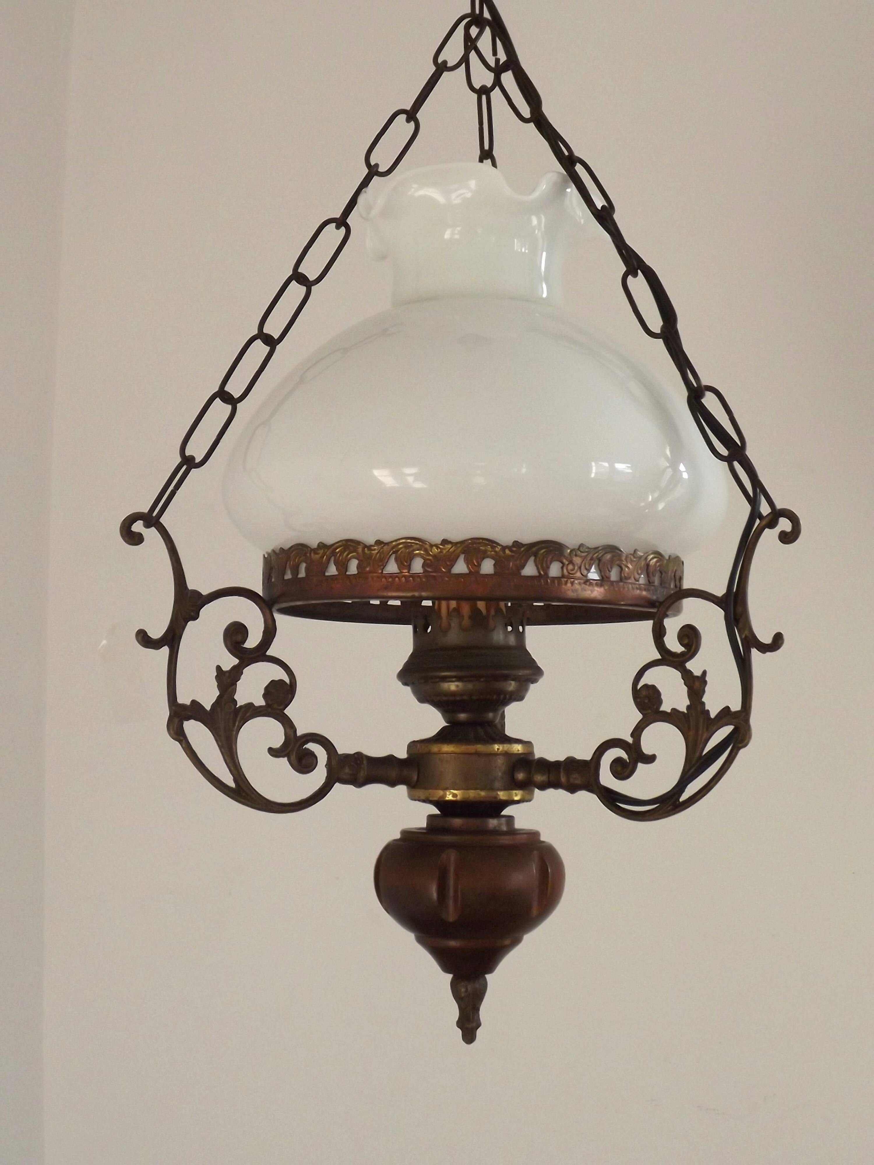 French Vintage Brass Metal And Wood Lantern Ceiling Light White Glass Shade 5120
