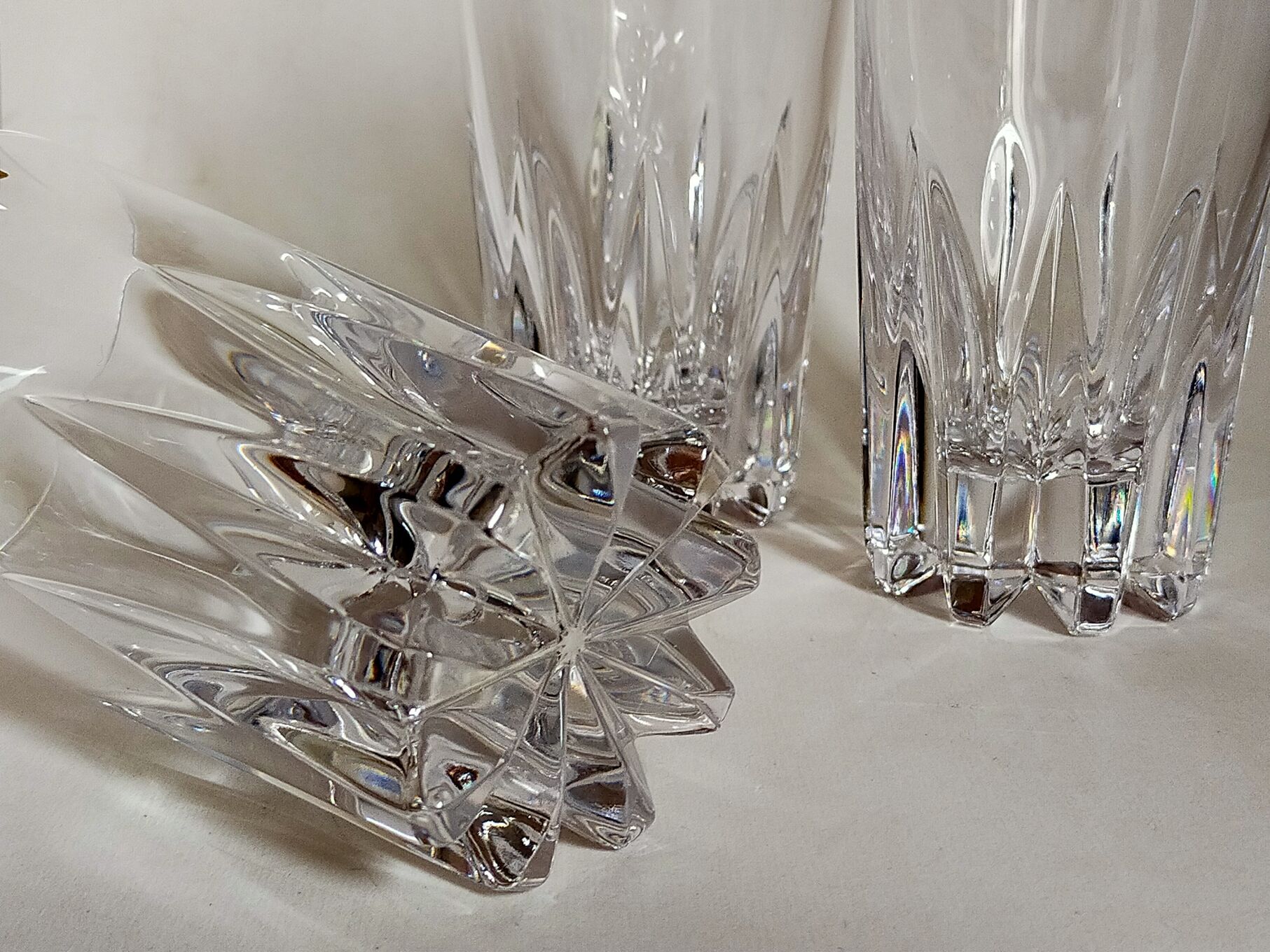 Six vintage crystal juice glasses, three large, three medium