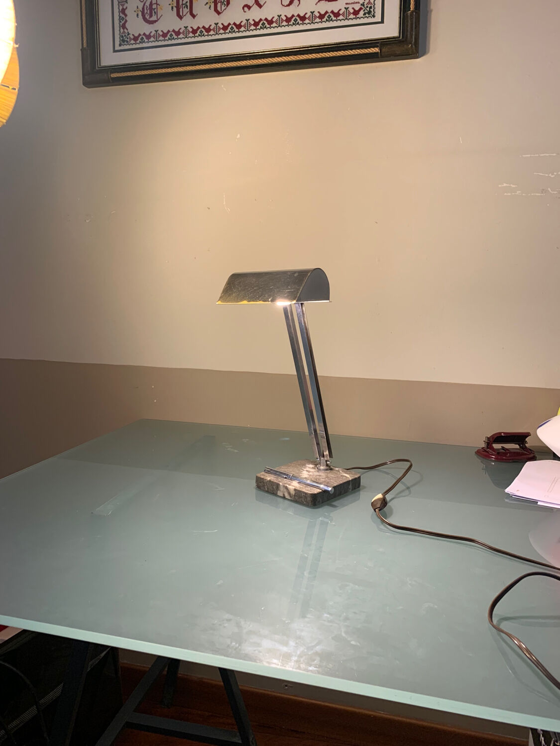 Art deco chrome and marble desk or bedside lamp