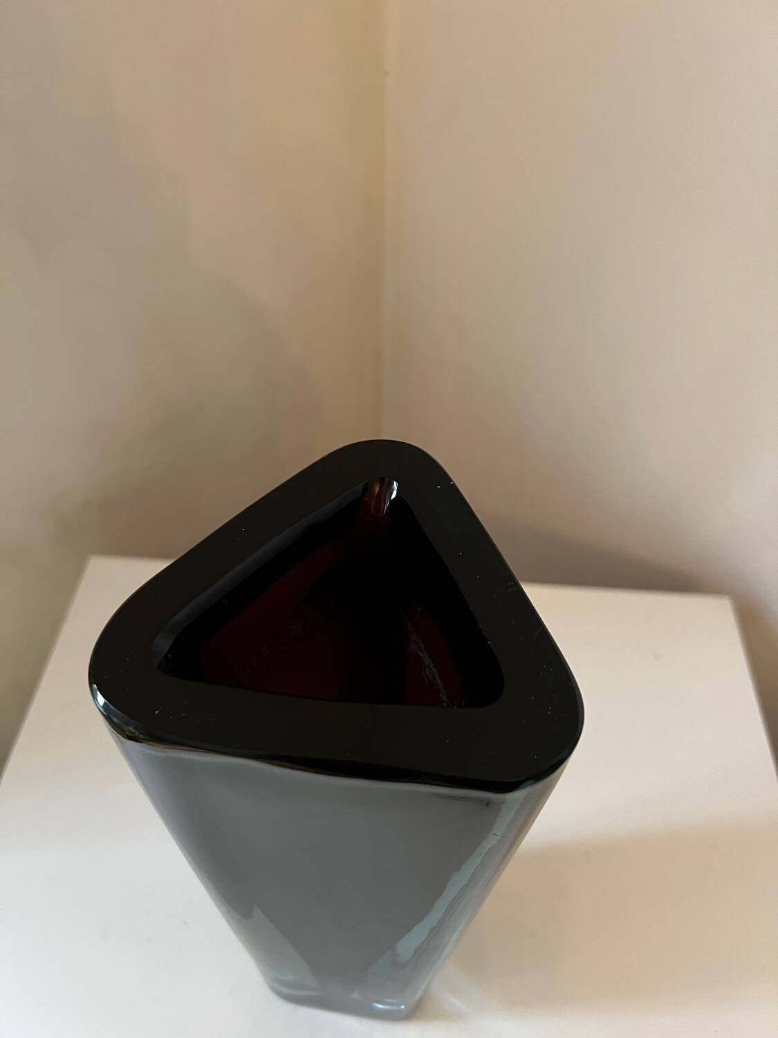 Large tall vintage crystal vase in a triangular shape, Murano style