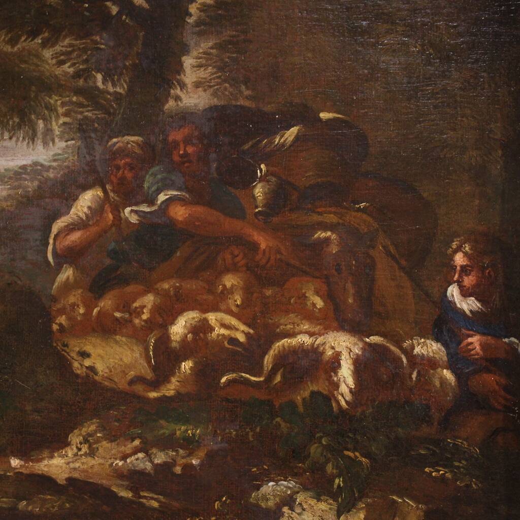 Peinture italienne antique du XVIIIe siècle, paysage avec scène pastorale