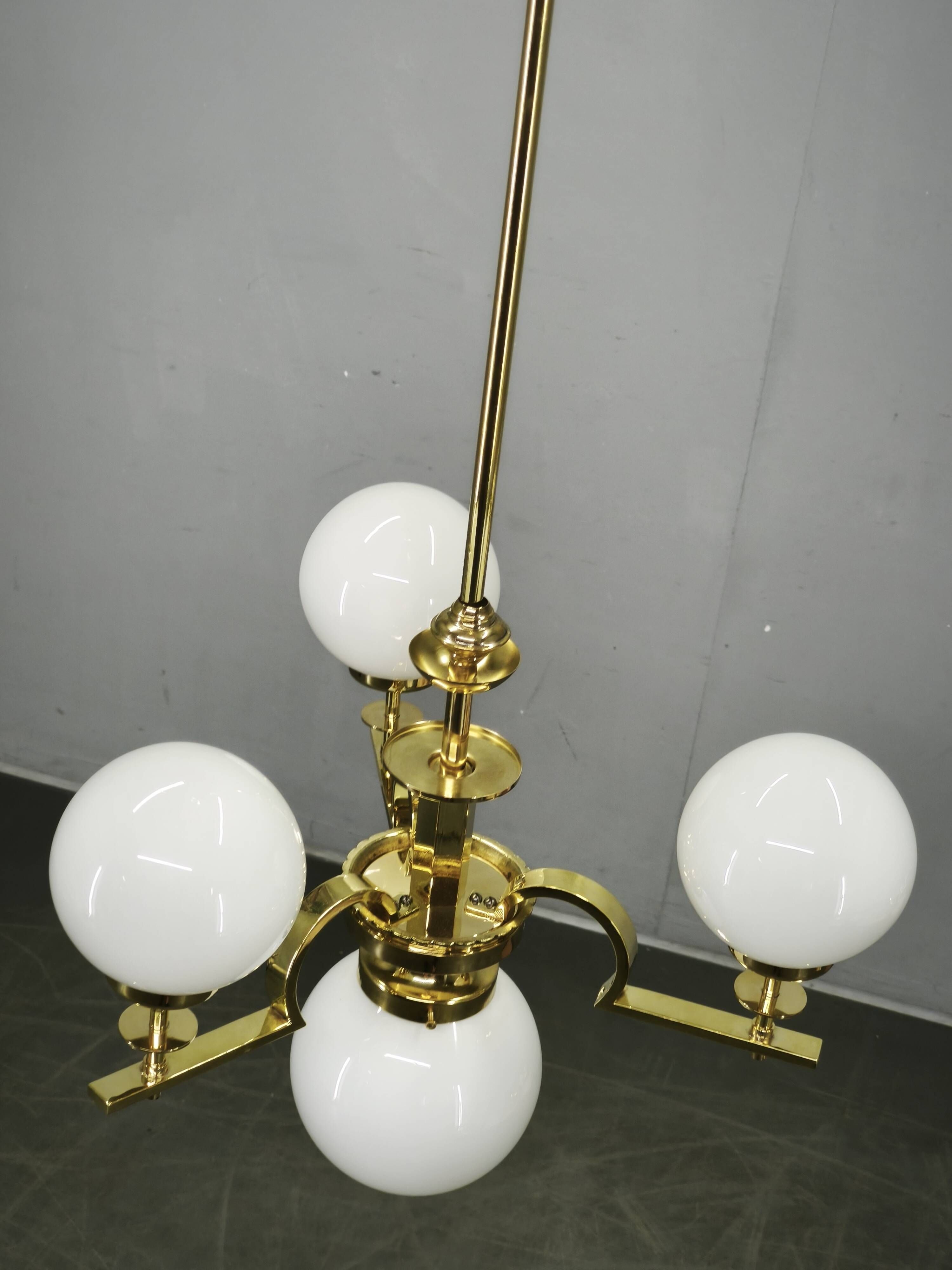1930s Art Deco Brass and Opaline Glass Globe Chandelier, Czechoslovakia