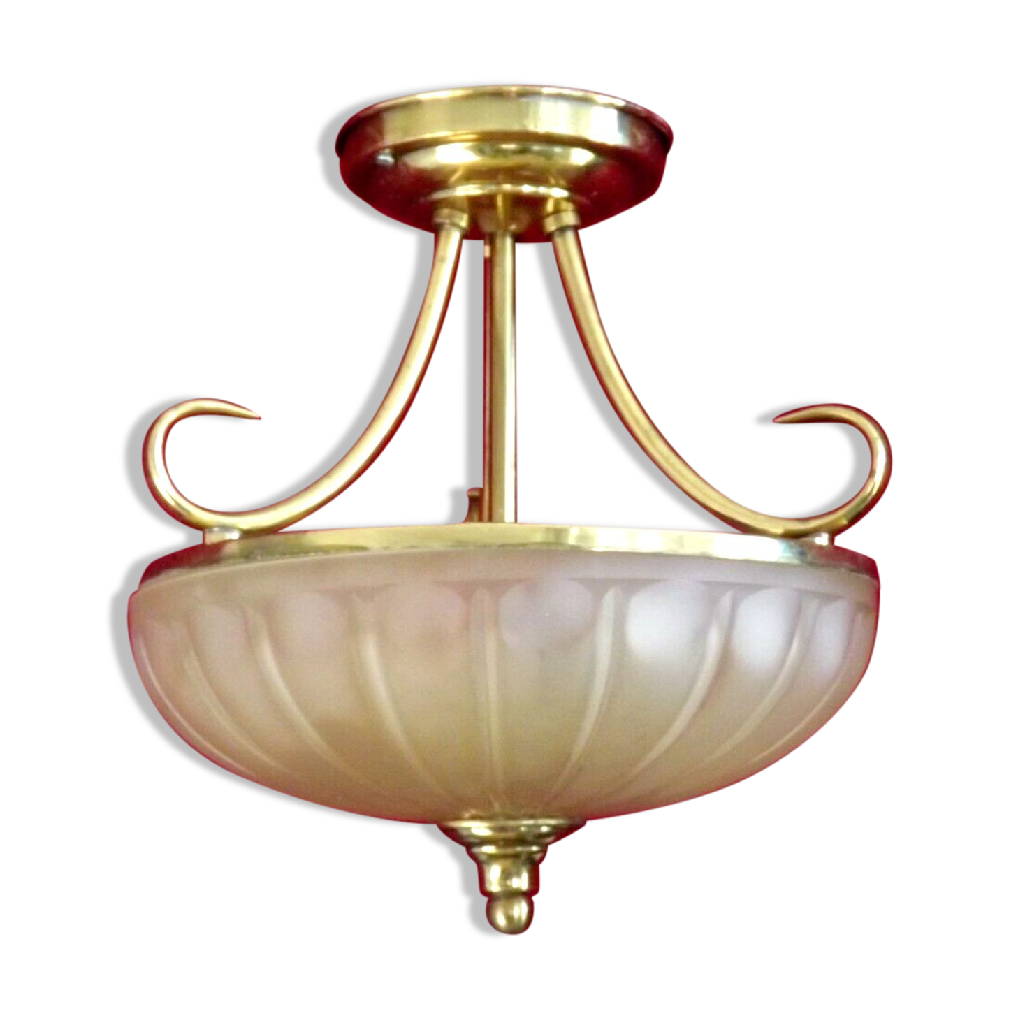 French mid century 3 bulb brass semi flush ceiling light opaque glass shade
