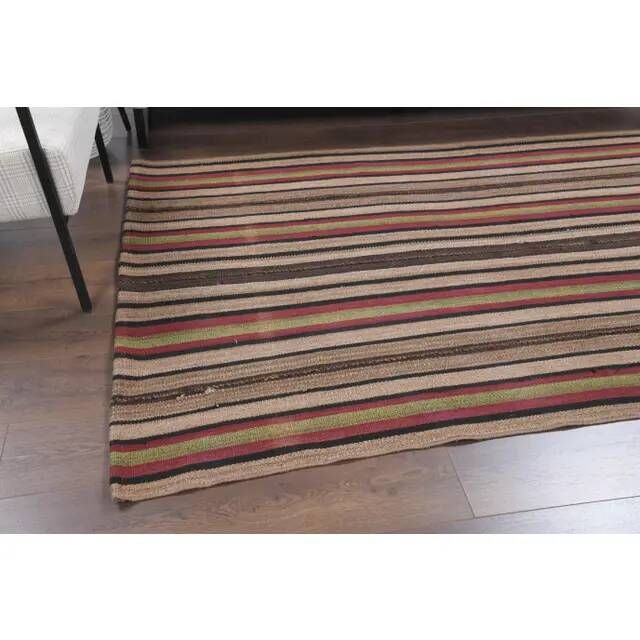 Vintage Turkish Oushak Handmade Wool Cotton Brown Kilim Area Rug 136x214