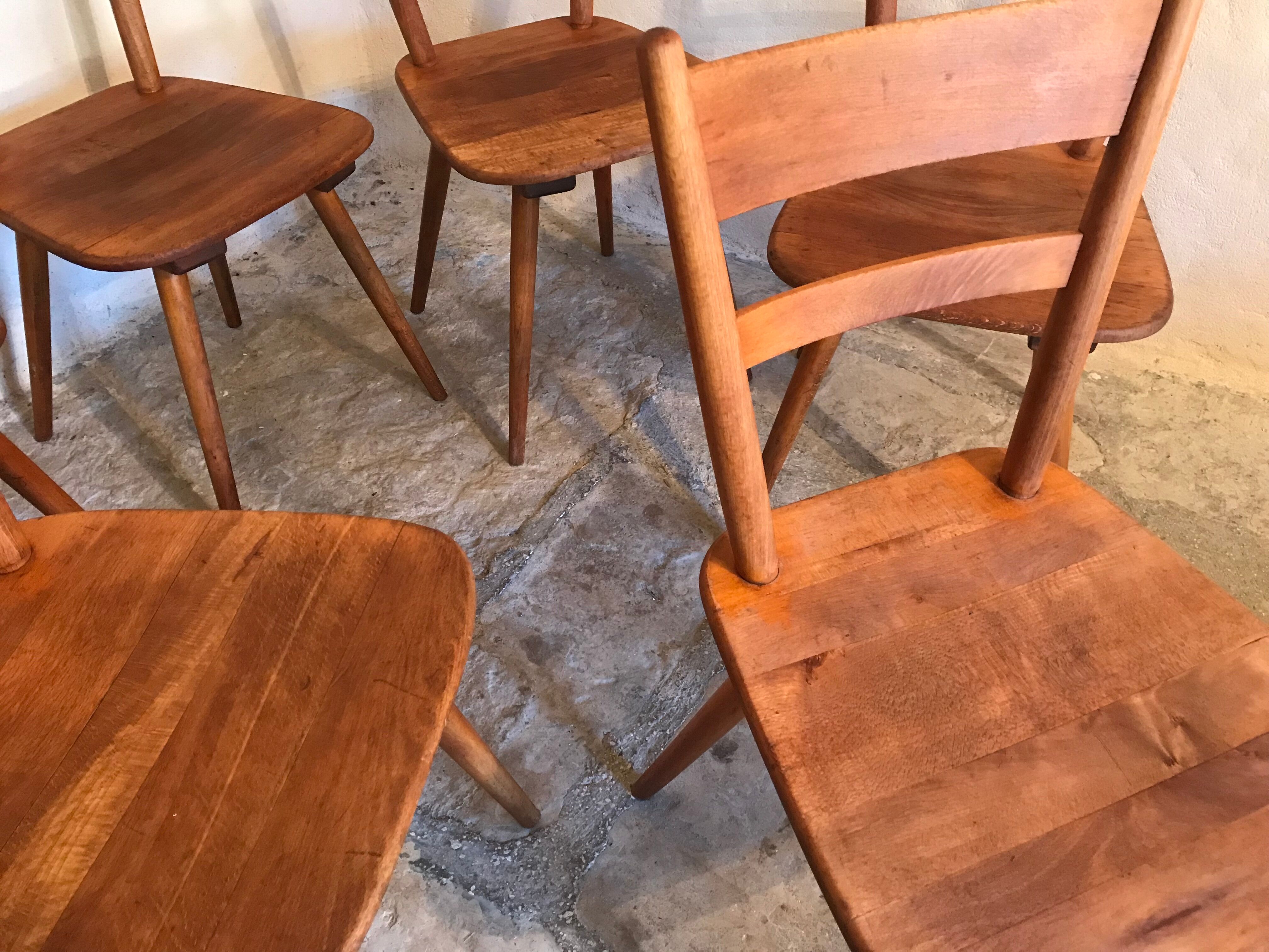 Set of 6 vintage solid wood chairs with compass legs 1960's