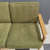 canapé 3 places en tissu vert et bois années 1960