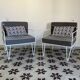 Vintage white metal Croisette style armchairs with hairpin legs in superb condition