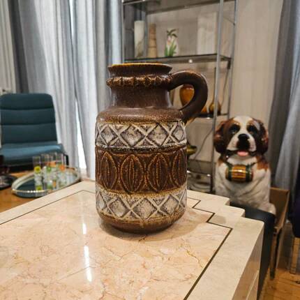 Brown and white antique jug vase with handle Bay West Germany 9325