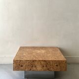 Square designer coffee table in elm burl and chrome, JC Mahey 1970
