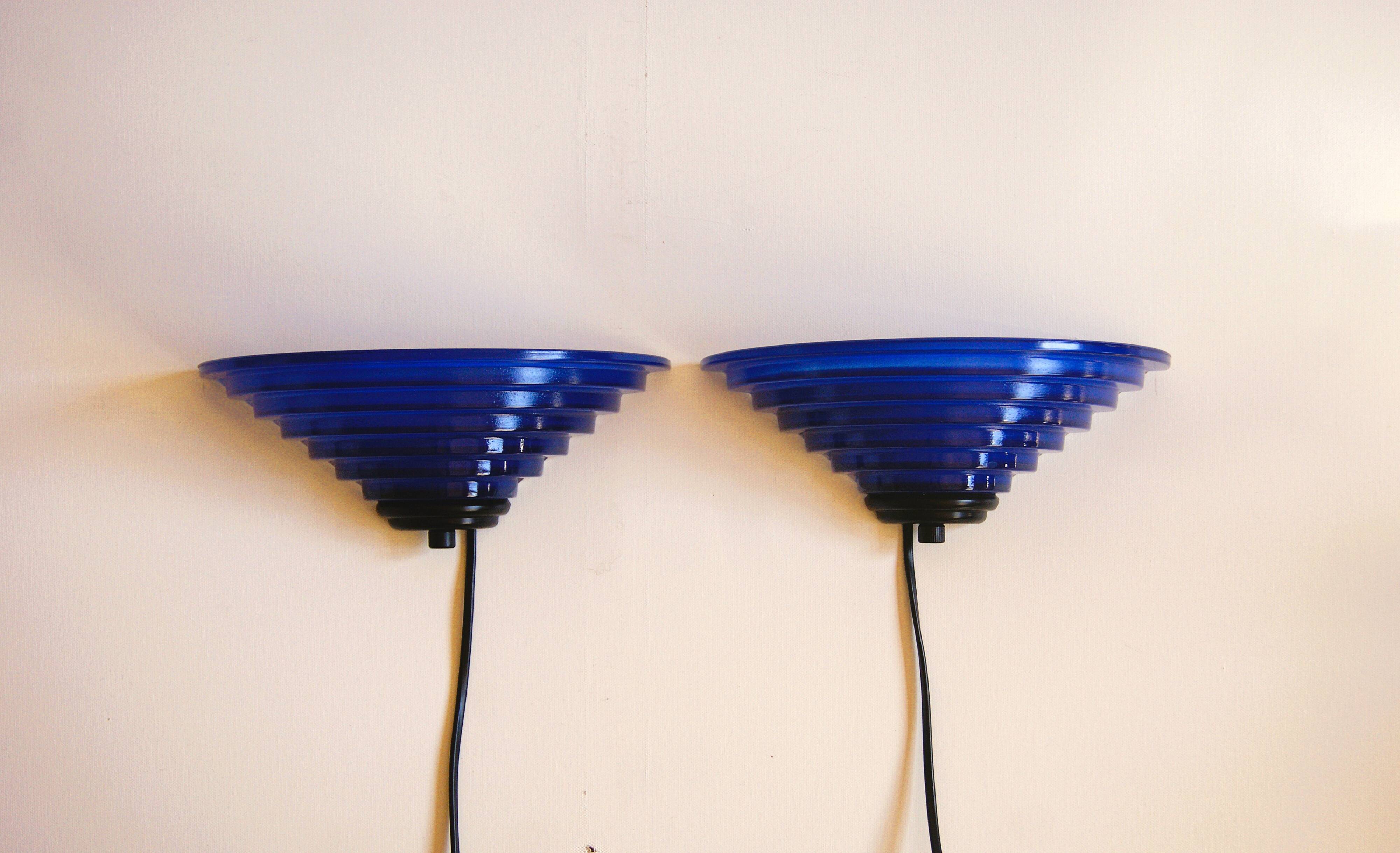 Pair of 1980's Art Deco Inspired Cobalt Blue Glass Sconces - Design Light