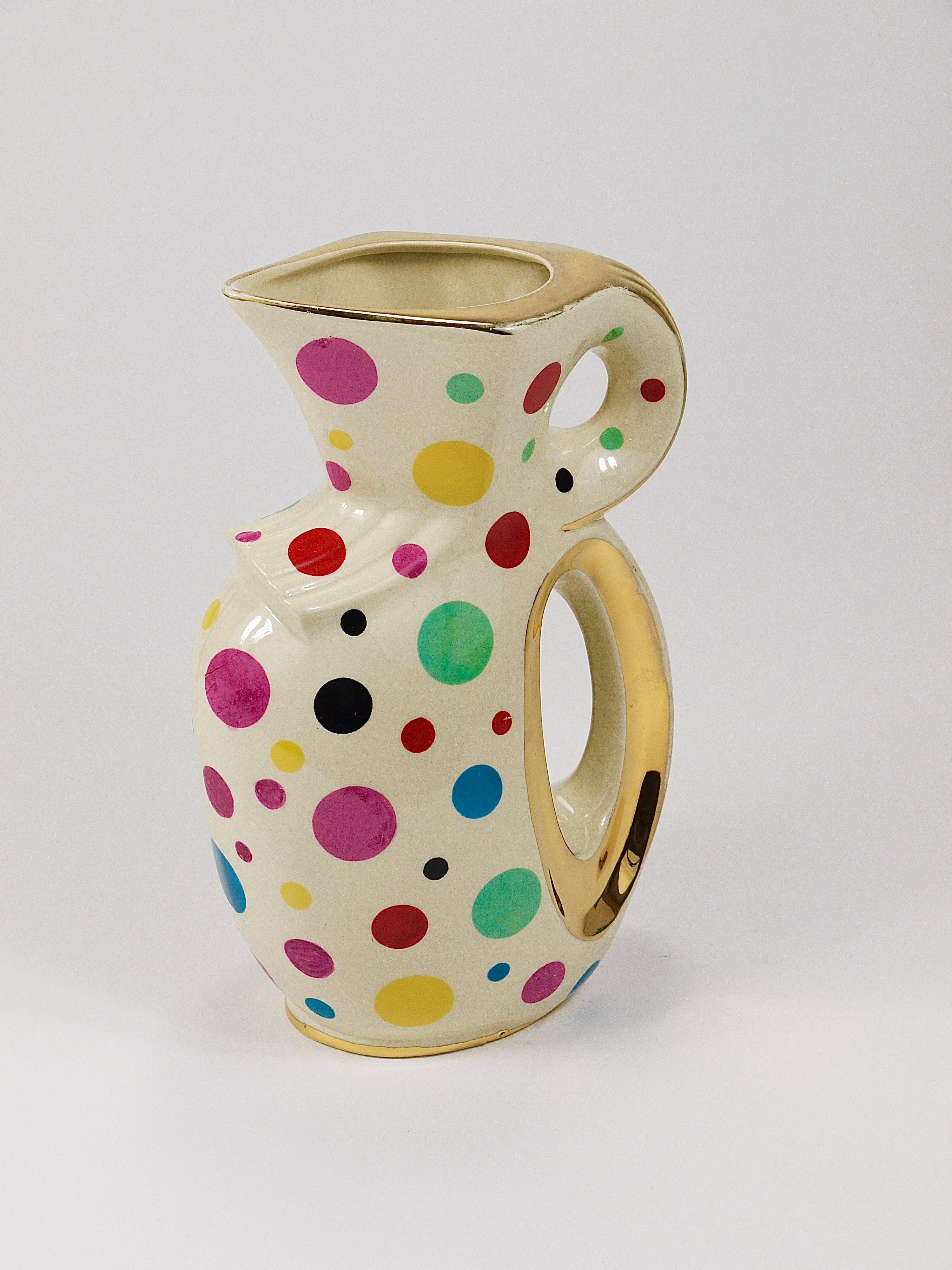 Boch Frères Pichet / Mid-Century Jug in Gold and Polka Dots, Belgium, 1950s