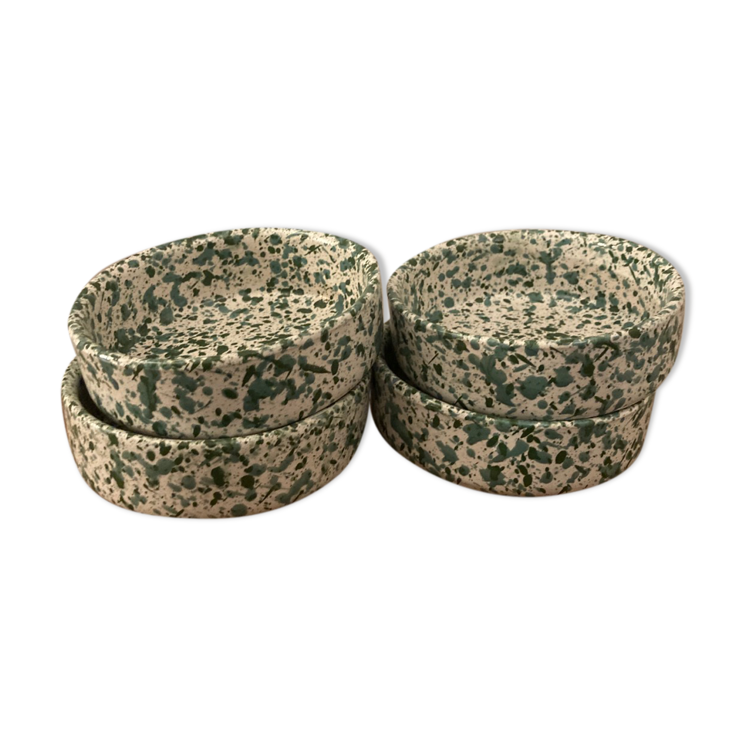 4 green speckled ramekins