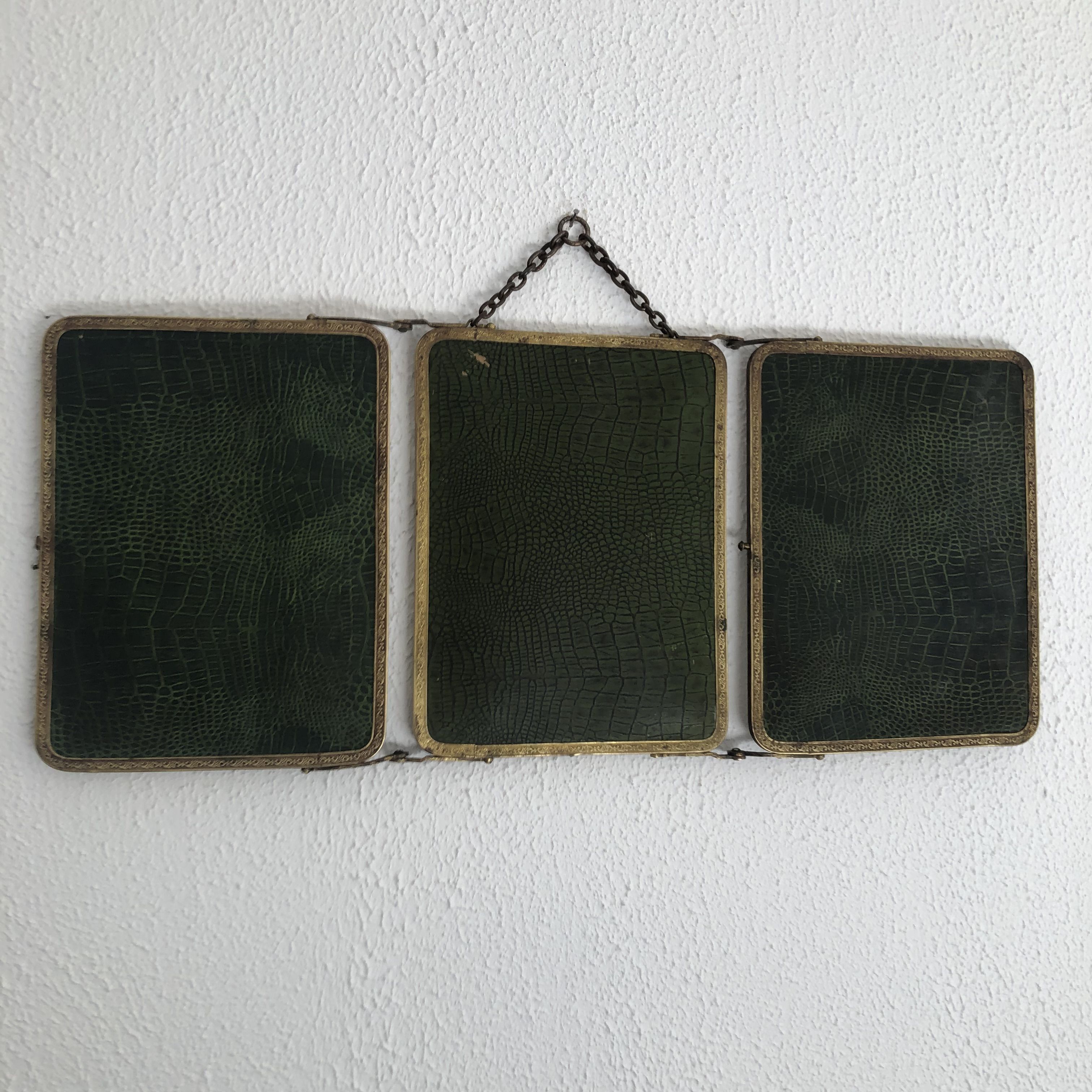 Miroir triptyque barbier doré vert anglais vintage 1930 - 24 x 57 cm