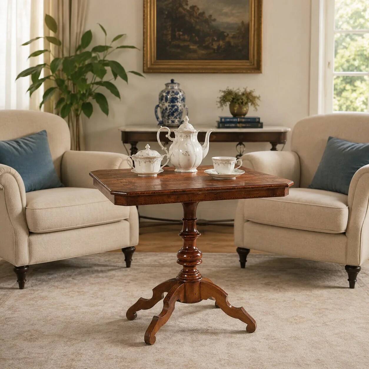 Petite table ancienne en noyer avec incrustations, Italie, XXe siècle