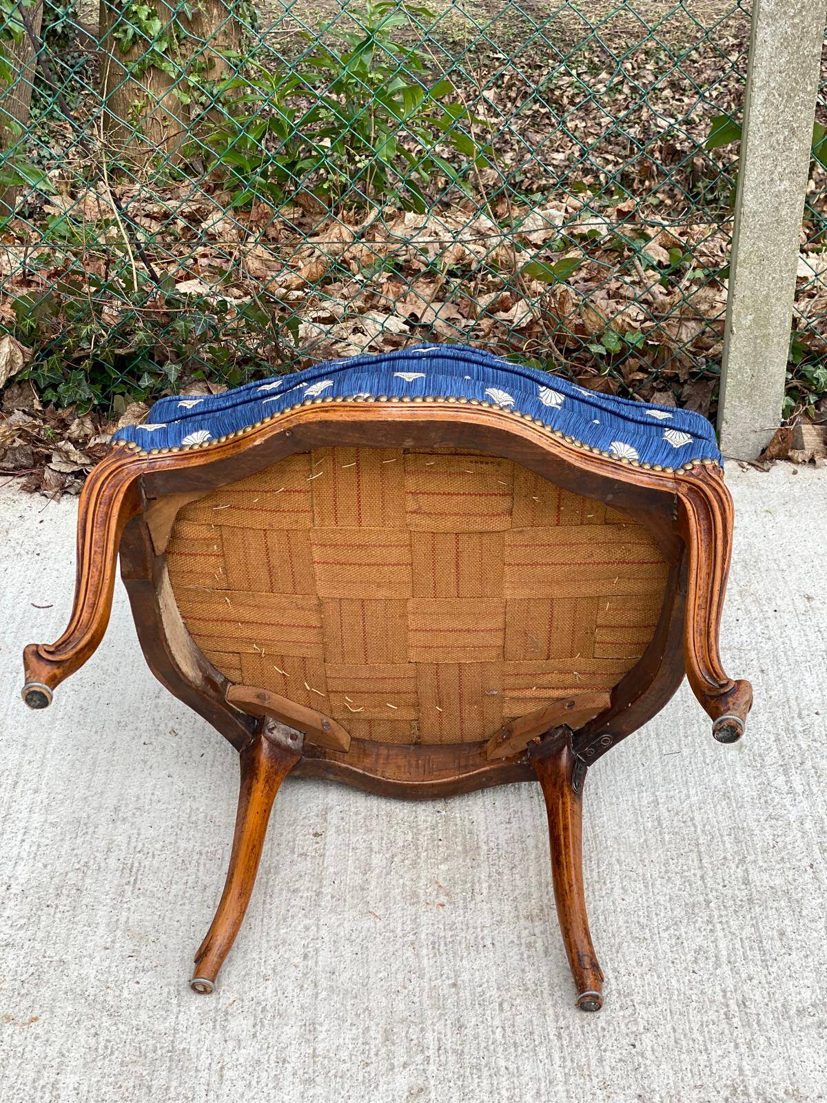 Bergère armchair Louis XV blue silk fabric embroidered
