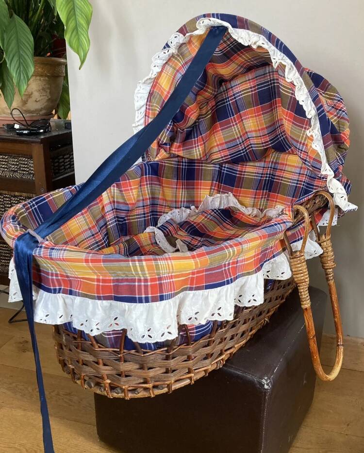 1970s wicker rattan portable bassinet cradle complete with bedding