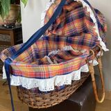 1970s wicker rattan portable bassinet cradle complete with bedding