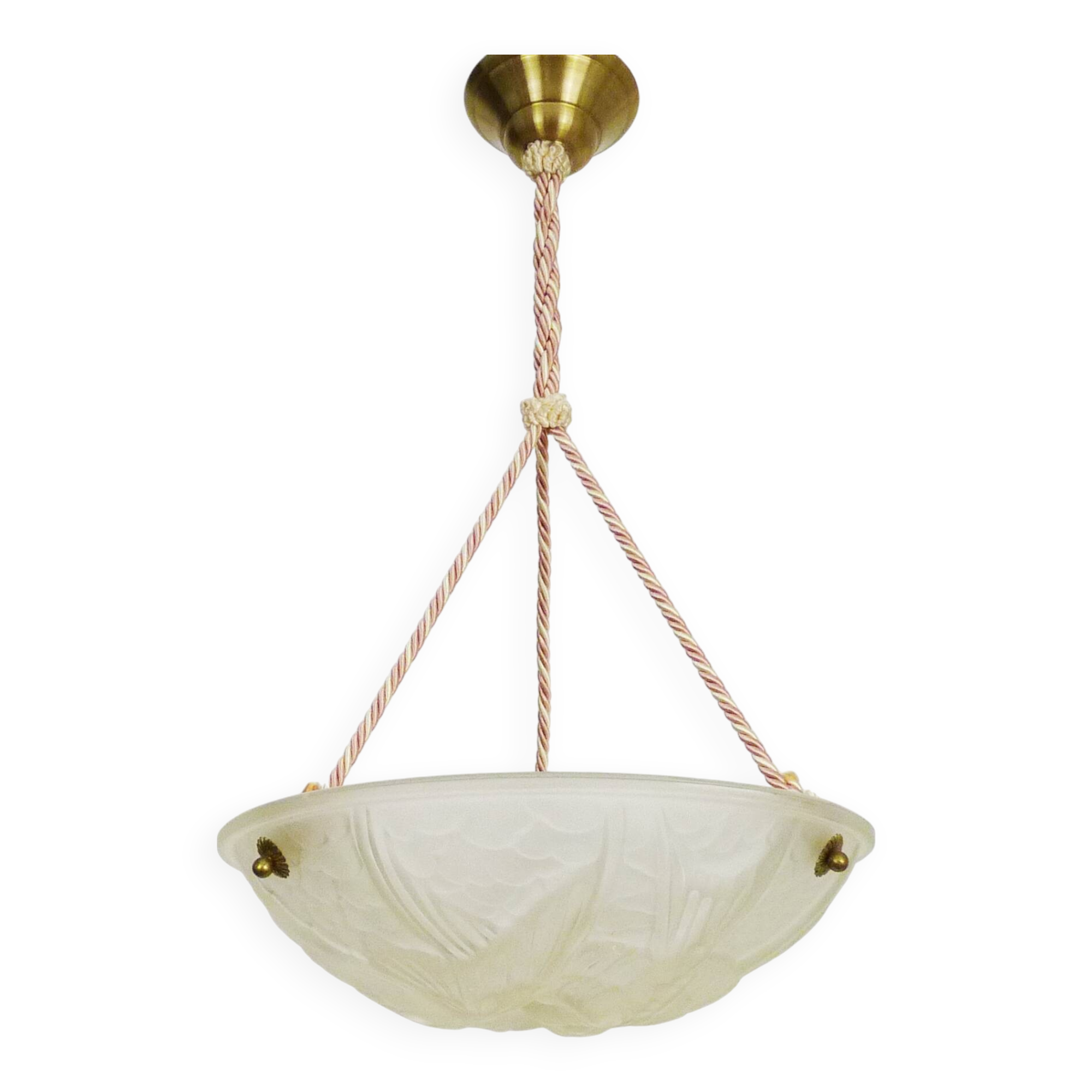 Ancien lustre, suspension vasque Art Déco 1 Feu, en pâte de verre, décor oiseaux. Années 30