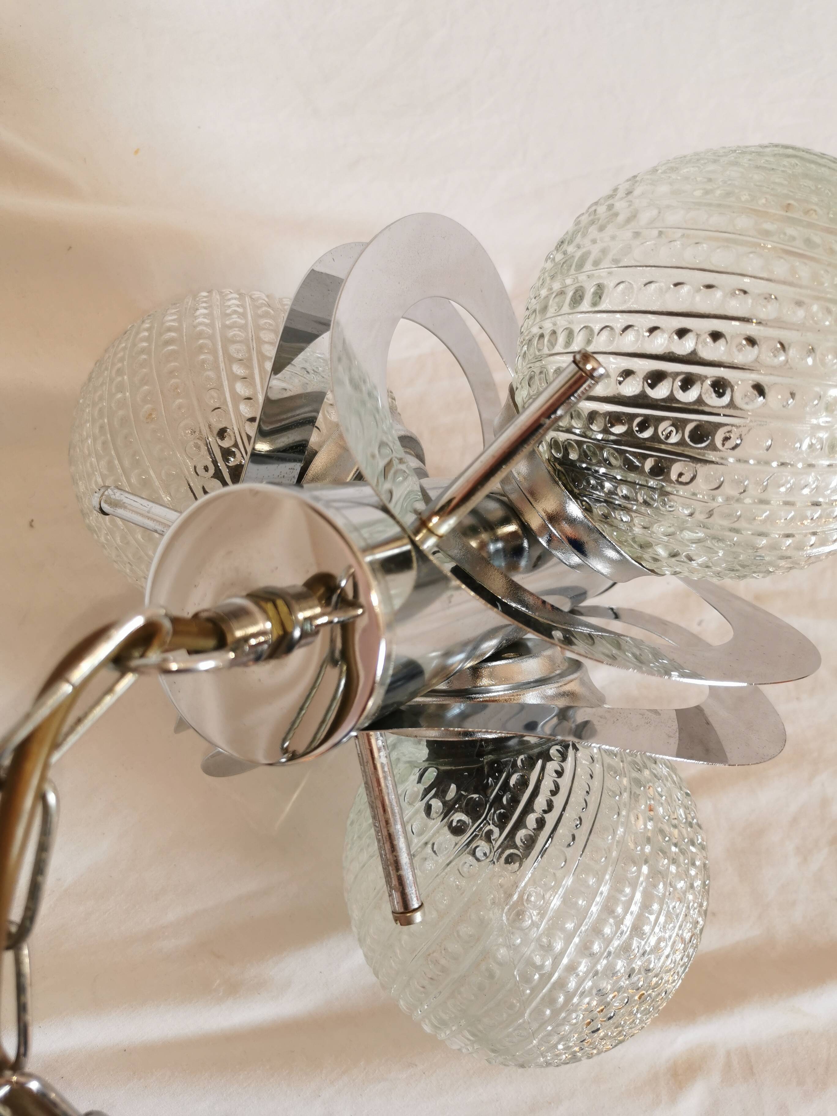 Space age chandelier with 3 lights, stainless steel and cut glass, Mazzega style, 1970