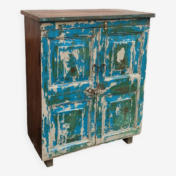 Petite commode ancienne en bois bleu avec deux portes