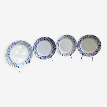 4 assiettes plates en faïence bleue et blanche de K&G Lunéville, modèle Blida