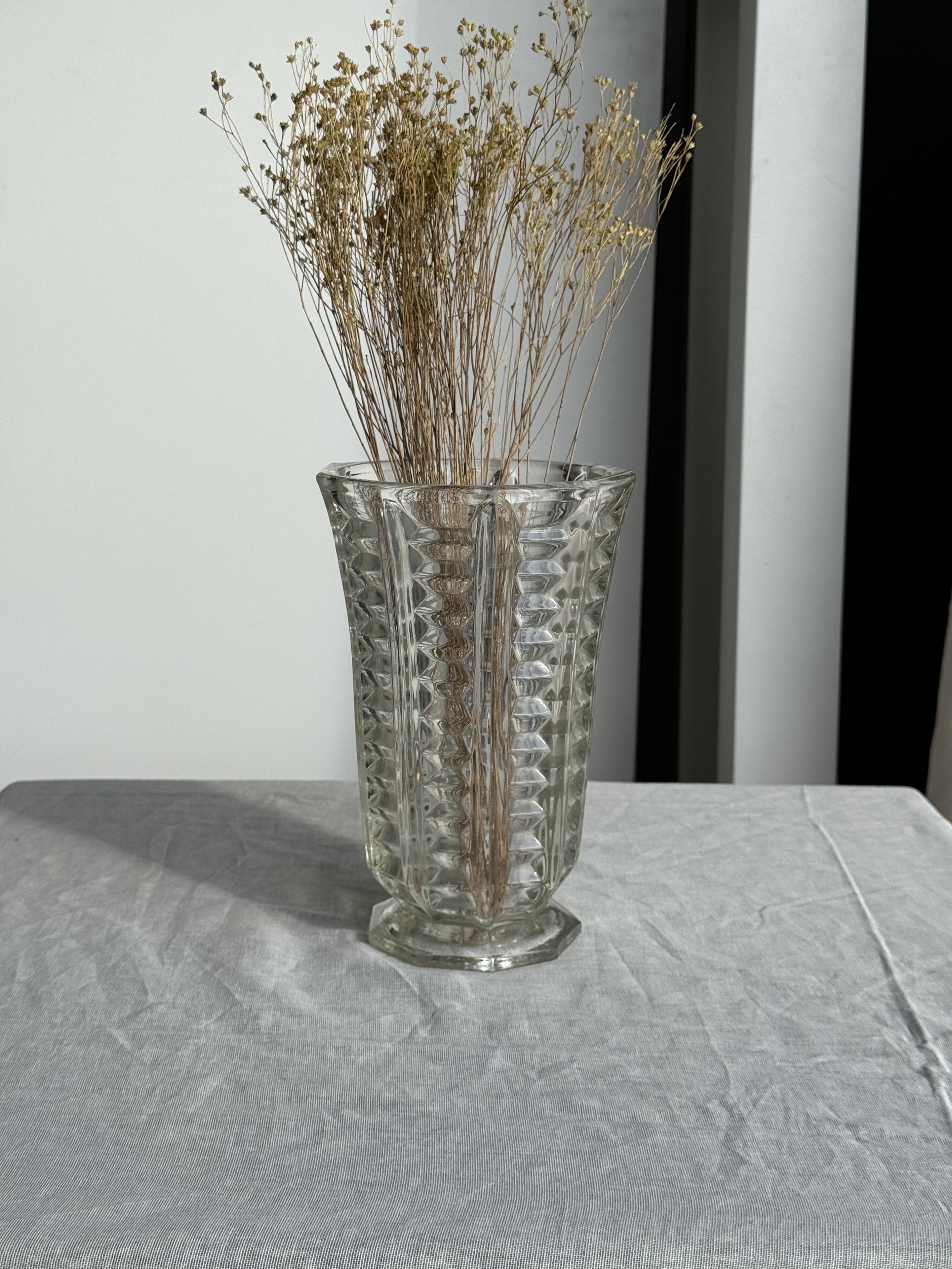 Vintage geometric moulded glass flared vase H21